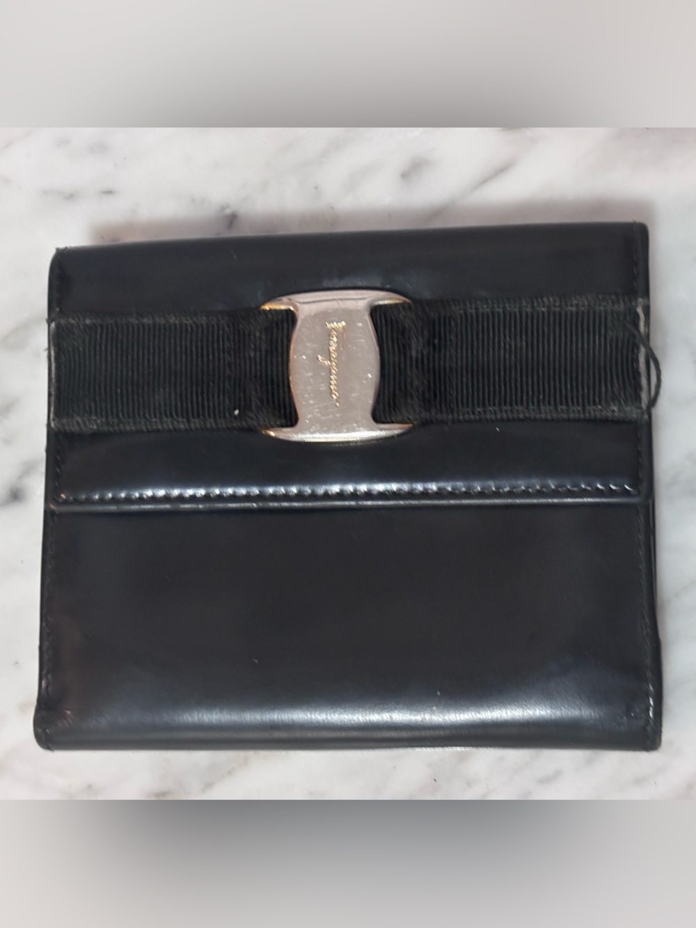 Salvatore Ferragamo Black Patent Leather Bifold Wallet with Grosgrain Buckle